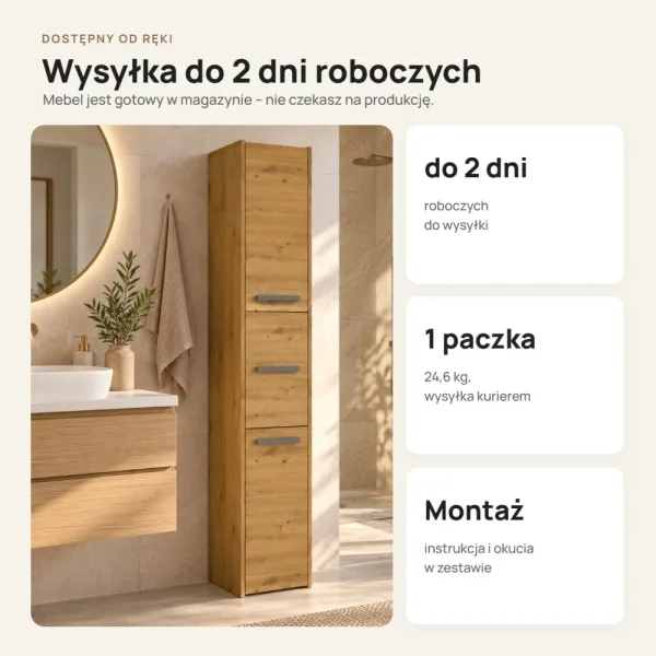 Słupek łazienkowy 30 cm z trojgiem drzwiczek, wysokość 170 cm – Dąb Artisan
