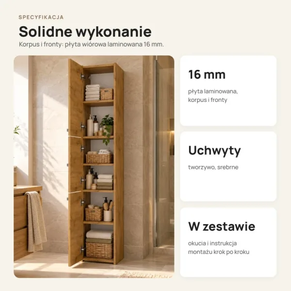 Słupek łazienkowy 30 cm z trojgiem drzwiczek, wysokość 170 cm – Dąb Artisan