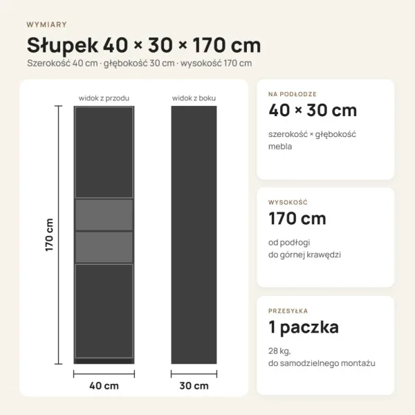 Słupek łazienkowy 40 cm z drzwiczkami, wysokość 170 cm – Biały