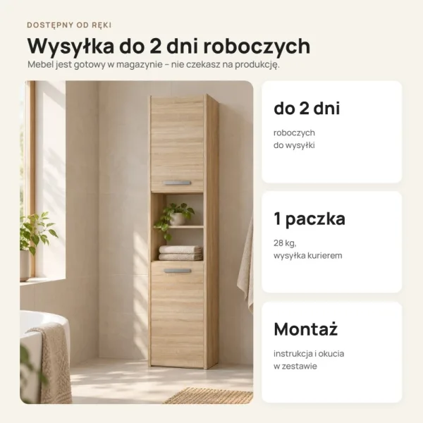 Słupek łazienkowy 40 cm z drzwiczkami, wysokość 170 cm – Dąb Sonoma