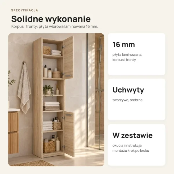 Słupek łazienkowy 40 cm z drzwiczkami, wysokość 170 cm – Dąb Sonoma