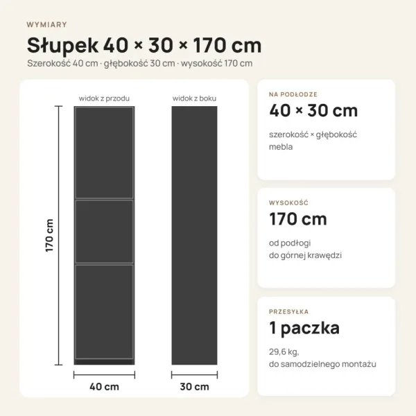 Słupek łazienkowy 40 cm z trojgiem drzwiczek, wysokość 170 cm – Biały