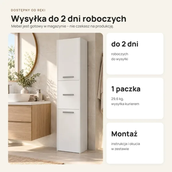Słupek łazienkowy 40 cm z trojgiem drzwiczek, wysokość 170 cm – Biały