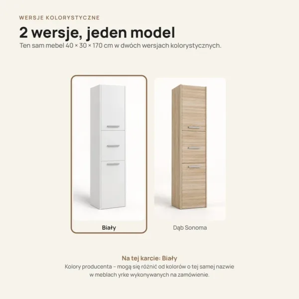 Słupek łazienkowy 40 cm z trojgiem drzwiczek, wysokość 170 cm – Biały