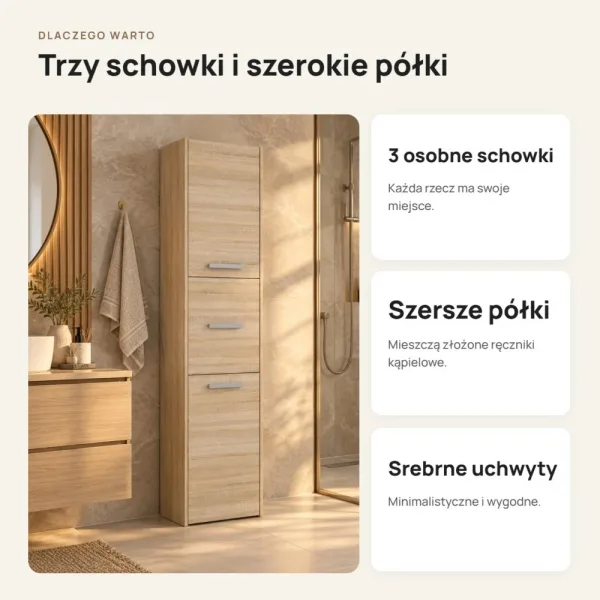 Słupek łazienkowy 40 cm z trojgiem drzwiczek, wysokość 170 cm – Dąb Sonoma