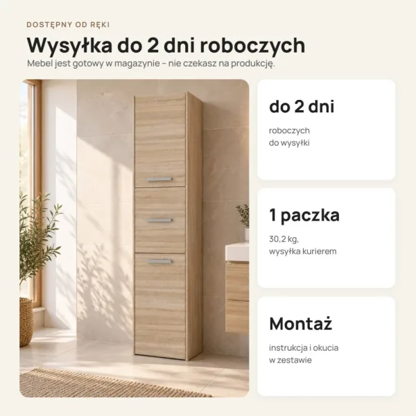 Słupek łazienkowy 40 cm z trojgiem drzwiczek, wysokość 170 cm – Dąb Sonoma
