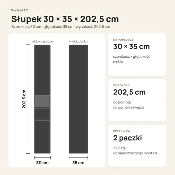 Wysoki słupek 30 cm z szufladą, drzwiczkami i otwartą wnęką, 202 cm – Czarny / Dąb Artisan