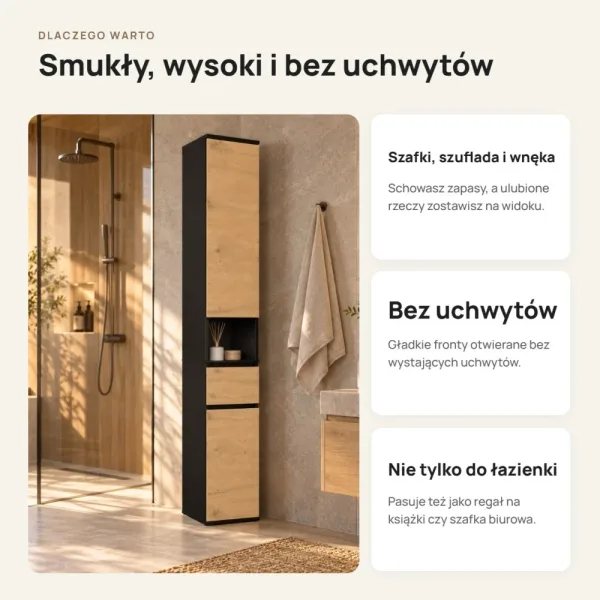 Wysoki słupek 30 cm z szufladą, drzwiczkami i otwartą wnęką, 202 cm – Czarny / Dąb Artisan