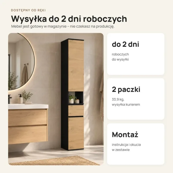 Wysoki słupek 30 cm z szufladą, drzwiczkami i otwartą wnęką, 202 cm – Czarny / Dąb Artisan