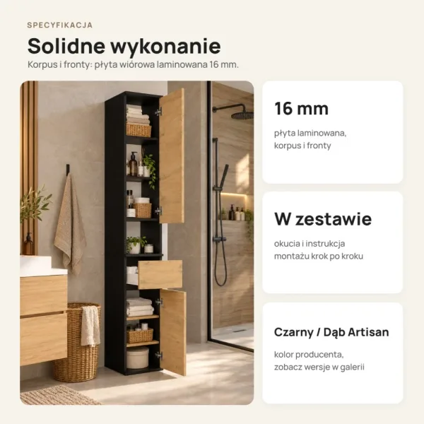 Wysoki słupek 30 cm z szufladą, drzwiczkami i otwartą wnęką, 202 cm – Czarny / Dąb Artisan