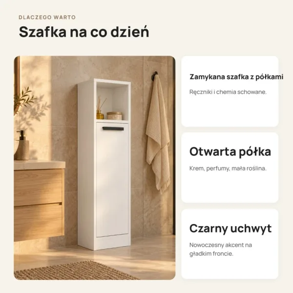 Stojąca szafka łazienkowa 25,5 cm z drzwiczkami i otwartą półką, 102 cm – Biały