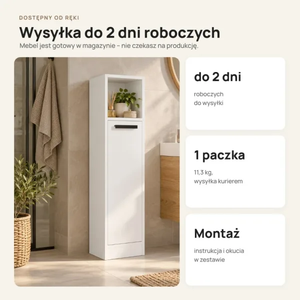 Stojąca szafka łazienkowa 25,5 cm z drzwiczkami i otwartą półką, 102 cm – Biały
