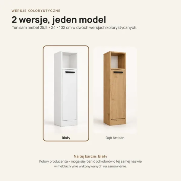 Stojąca szafka łazienkowa 25,5 cm z drzwiczkami i otwartą półką, 102 cm – Biały