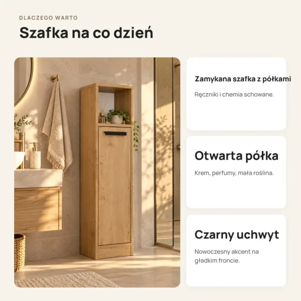 Stojąca szafka łazienkowa 25,5 cm z drzwiczkami i otwartą półką, 102 cm – Dąb Artisan