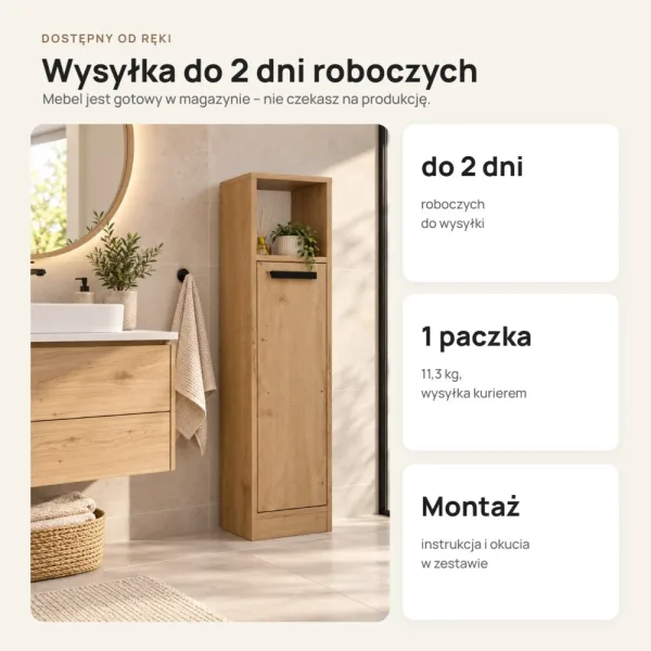 Stojąca szafka łazienkowa 25,5 cm z drzwiczkami i otwartą półką, 102 cm – Dąb Artisan