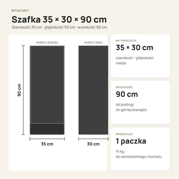 Szafka łazienkowa 35 cm z drzwiczkami i 3 półkami, 90 cm – Kaszmir