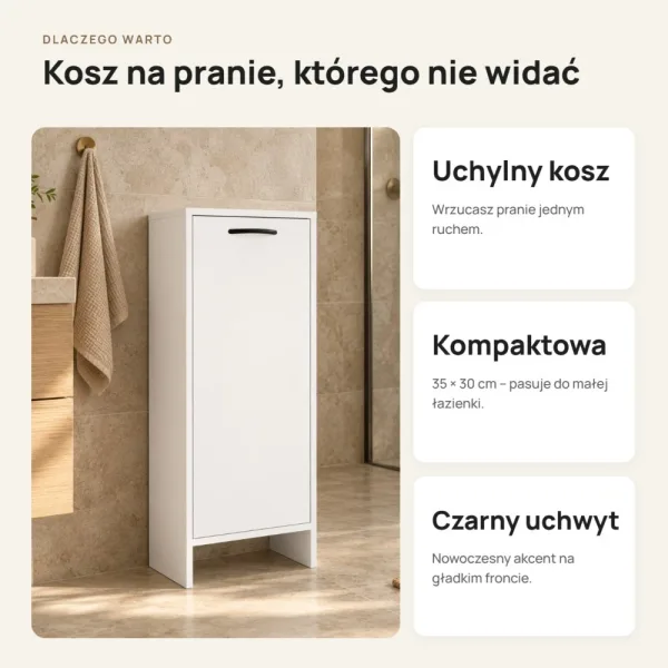 Szafka łazienkowa 35 cm z uchylnym koszem na pranie, 90 cm – Biały