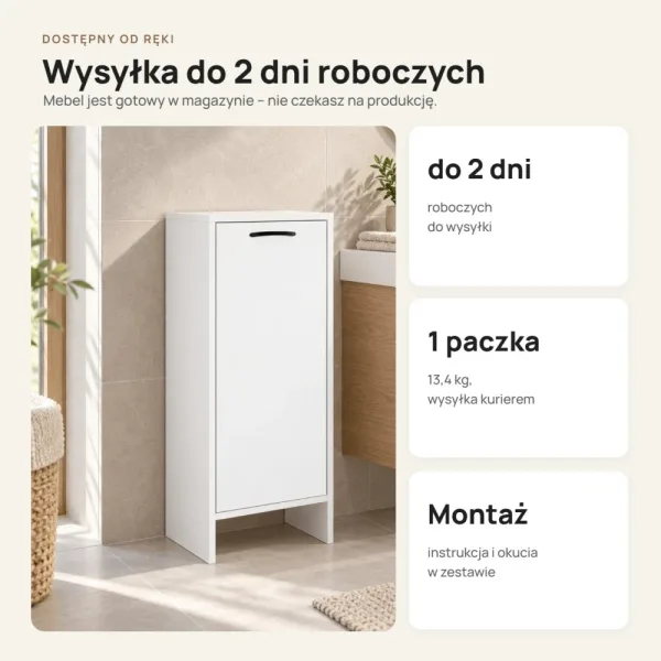 Szafka łazienkowa 35 cm z uchylnym koszem na pranie, 90 cm – Biały