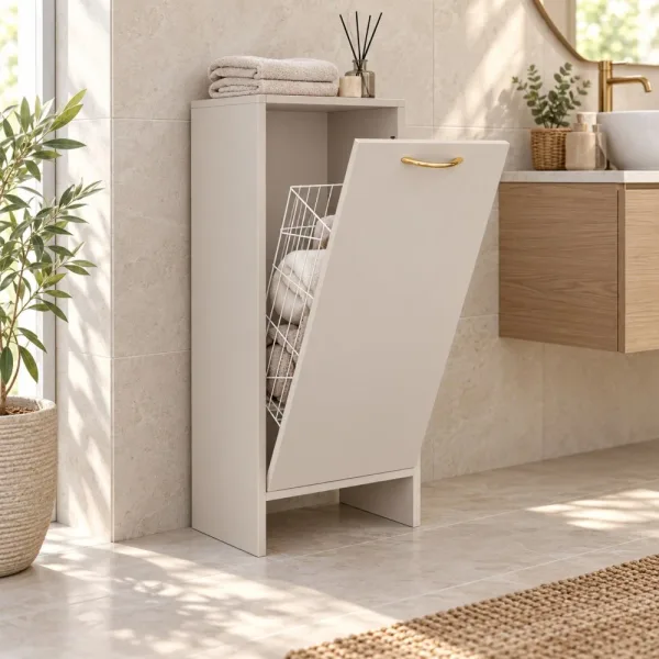 Szafka łazienkowa 35 cm z uchylnym koszem na pranie, 90 cm – Kaszmir