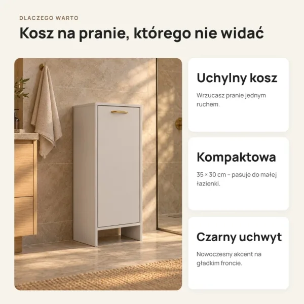 Szafka łazienkowa 35 cm z uchylnym koszem na pranie, 90 cm – Kaszmir