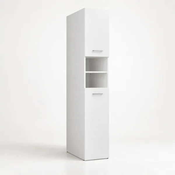 Głęboki słupek łazienkowy 32 cm z dwiema szafkami i otwartymi półkami, 180 cm – Biały