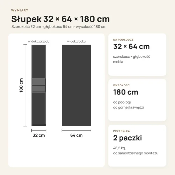 Głęboki słupek łazienkowy 32 cm z dwiema szafkami i otwartymi półkami, 180 cm – Biały