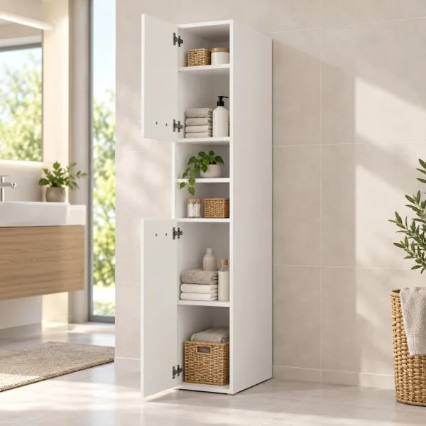Głęboki słupek łazienkowy 32 cm z dwiema szafkami i otwartymi półkami, 180 cm – Biały