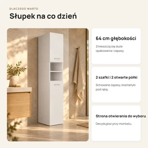 Głęboki słupek łazienkowy 32 cm z dwiema szafkami i otwartymi półkami, 180 cm – Biały