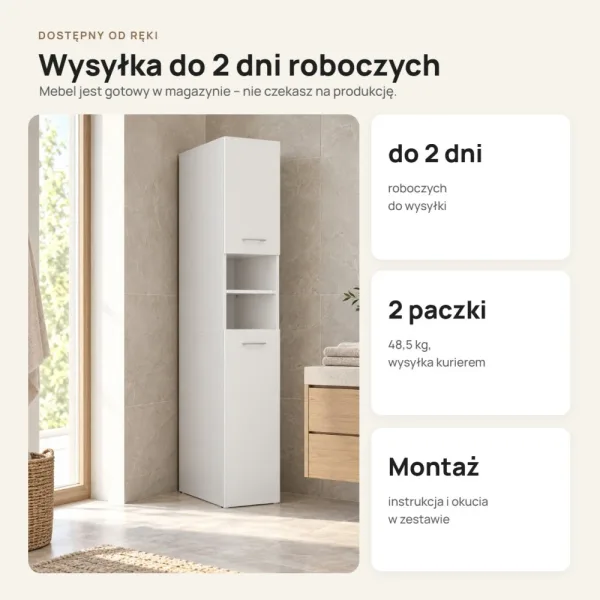 Głęboki słupek łazienkowy 32 cm z dwiema szafkami i otwartymi półkami, 180 cm – Biały