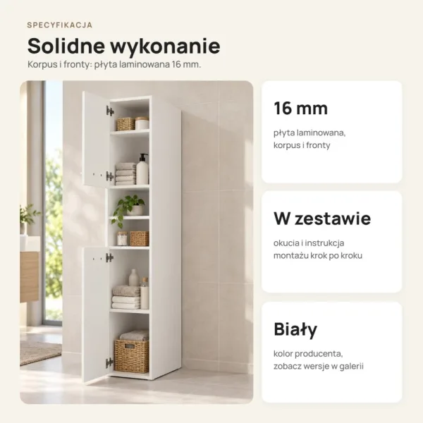 Głęboki słupek łazienkowy 32 cm z dwiema szafkami i otwartymi półkami, 180 cm – Biały