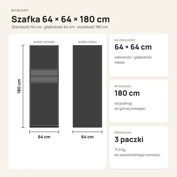 Głęboka szafka łazienkowa 64 cm z szufladą na kółkach, 180 cm – Biały