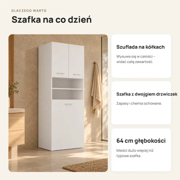 Głęboka szafka łazienkowa 64 cm z szufladą na kółkach, 180 cm – Biały