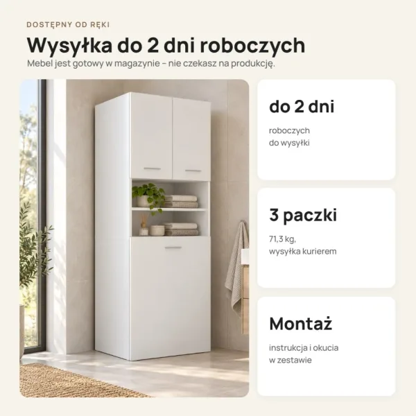 Głęboka szafka łazienkowa 64 cm z szufladą na kółkach, 180 cm – Biały