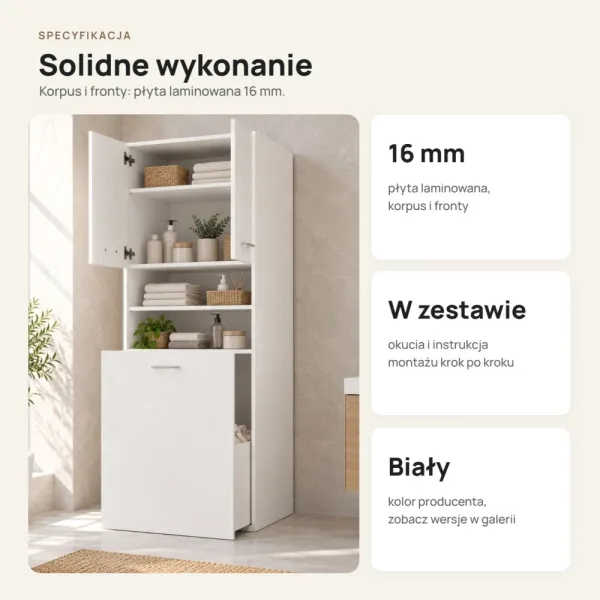 Głęboka szafka łazienkowa 64 cm z szufladą na kółkach, 180 cm – Biały