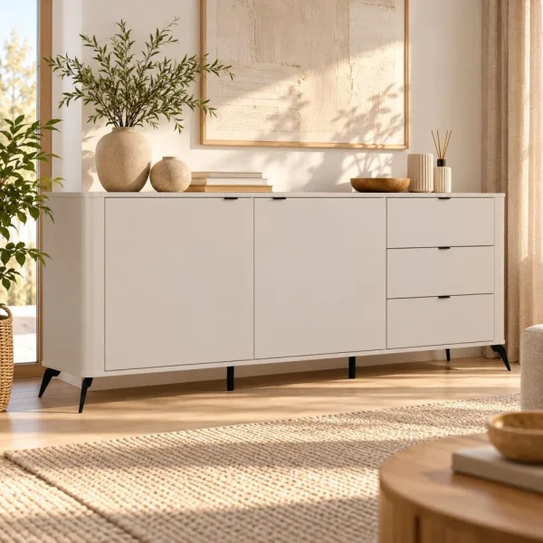 Komoda 183 cm z 2 drzwiczkami i 3 szufladami na metalowych nogach – Kaszmir