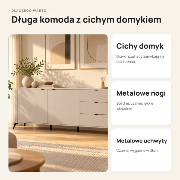 Komoda 183 cm z 2 drzwiczkami i 3 szufladami na metalowych nogach – Kaszmir