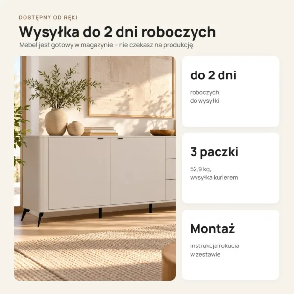 Komoda 183 cm z 2 drzwiczkami i 3 szufladami na metalowych nogach – Kaszmir