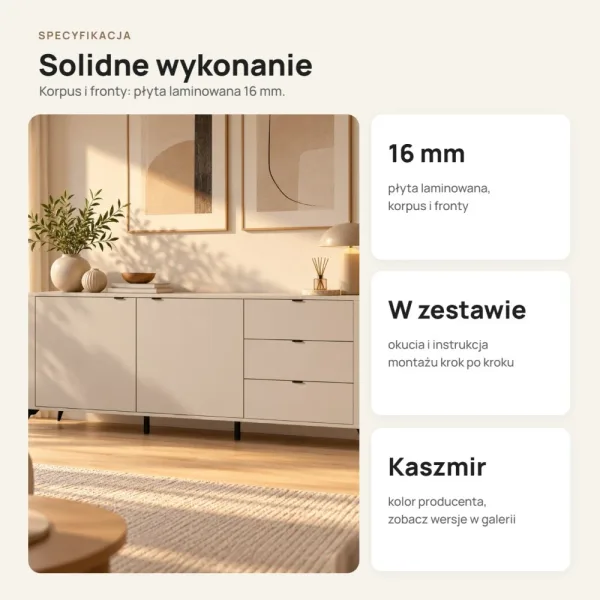 Komoda 183 cm z 2 drzwiczkami i 3 szufladami na metalowych nogach – Kaszmir