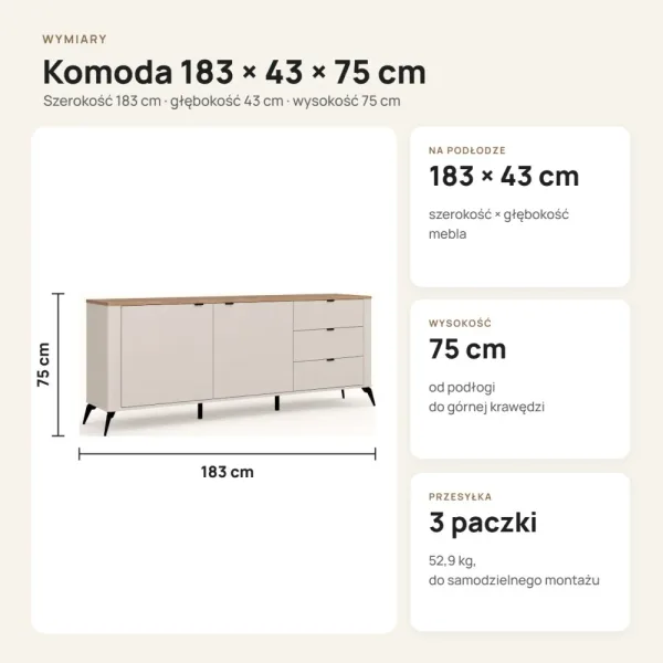Komoda 183 cm z 2 drzwiczkami i 3 szufladami na metalowych nogach – Kaszmir / Dąb Castello