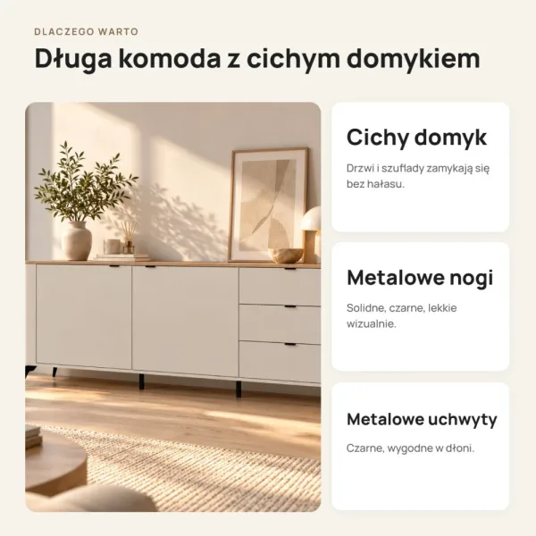 Komoda 183 cm z 2 drzwiczkami i 3 szufladami na metalowych nogach – Kaszmir / Dąb Castello