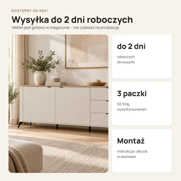 Komoda 183 cm z 2 drzwiczkami i 3 szufladami na metalowych nogach – Kaszmir / Dąb Castello