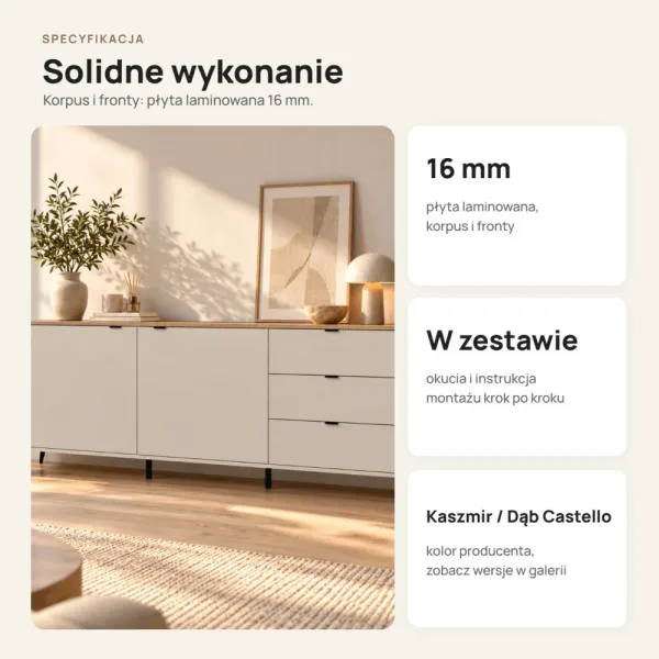 Komoda 183 cm z 2 drzwiczkami i 3 szufladami na metalowych nogach – Kaszmir / Dąb Castello