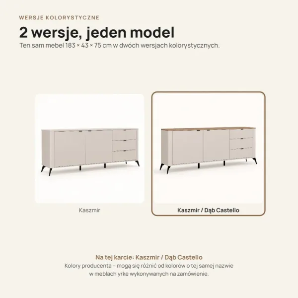 Komoda 183 cm z 2 drzwiczkami i 3 szufladami na metalowych nogach – Kaszmir / Dąb Castello