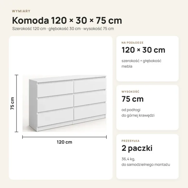 Płytka komoda 120 cm z 6 szufladami, 30 cm głębokości – Biały