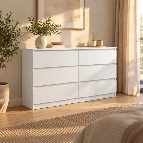 Płytka komoda 120 cm z 6 szufladami, 30 cm głębokości – Biały