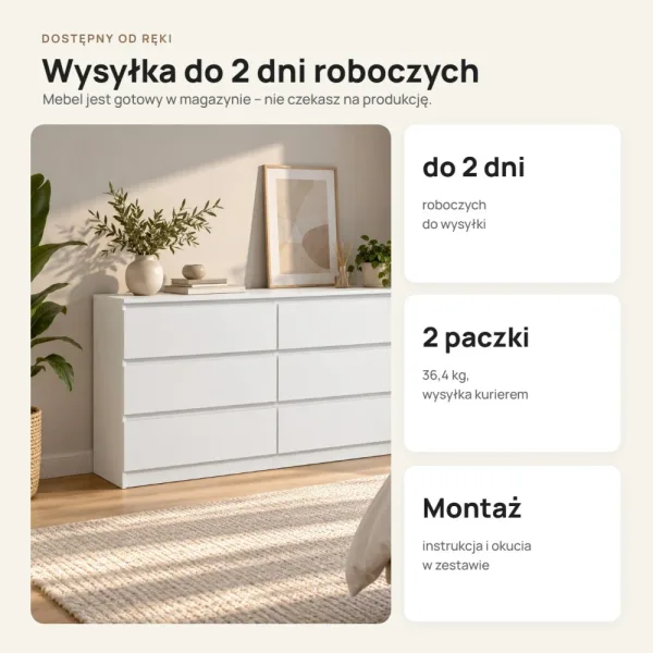 Płytka komoda 120 cm z 6 szufladami, 30 cm głębokości – Biały