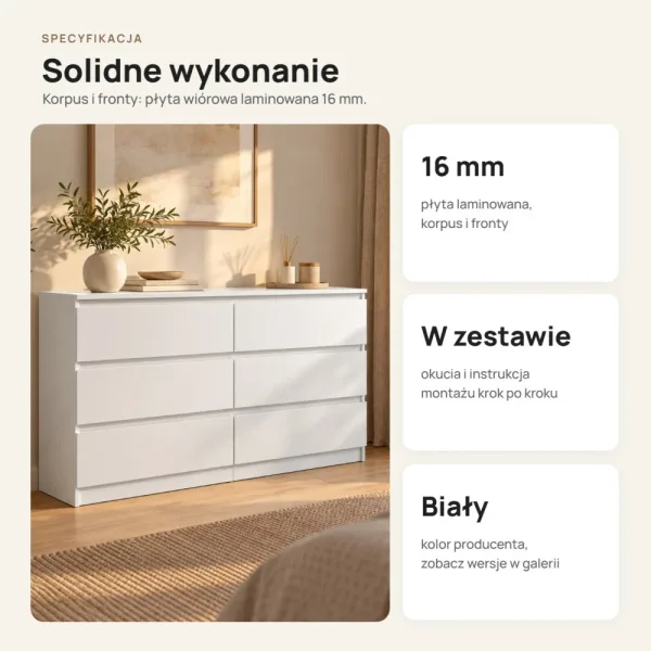 Płytka komoda 120 cm z 6 szufladami, 30 cm głębokości – Biały