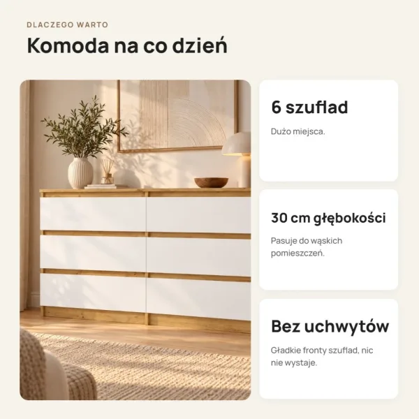 Płytka komoda 120 cm z 6 szufladami, 30 cm głębokości – Biały / Dąb Artisan