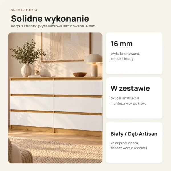 Płytka komoda 120 cm z 6 szufladami, 30 cm głębokości – Biały / Dąb Artisan