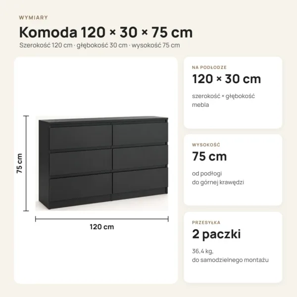 Płytka komoda 120 cm z 6 szufladami, 30 cm głębokości – Czarny